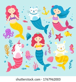 Cat unicorn mermaid. Graphic happy magic mermaids. Funny cartoon kitten hare pony. Sea life clipart for kids, cute ocean animals vector set