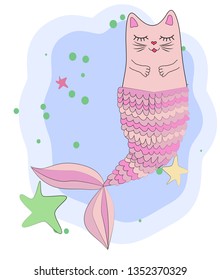 Cat unicorn with a mermaid's tail in the colors of the rainbow, print design
