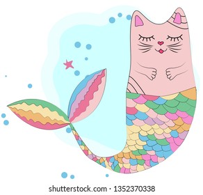Cat unicorn with a mermaid's tail in the colors of the rainbow, print design