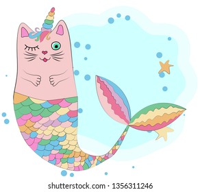 Cat unicorn with a mermaid's tail in the colors of the rainbow, print design