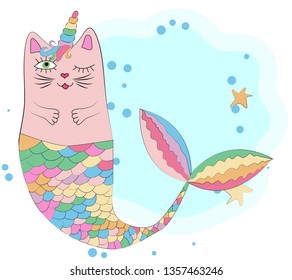 Cat unicorn with a mermaid's tail in the colors of the rainbow, print design