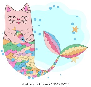 Cat unicorn with a mermaid's tail in the colors of the rainbow and with a rainbow fish in its paws, print design