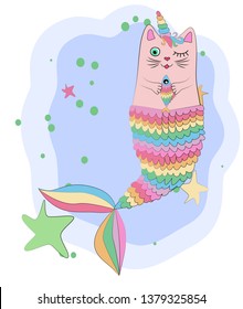 Cat unicorn with a mermaid's tail in the colors of the rainbow and with a rainbow fish in its paws, print design