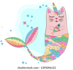 Cat unicorn with a mermaid's tail in the colors of the rainbow and with a rainbow fish in its paws, print design