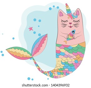 Cat unicorn with a mermaid's tail in the colors of the rainbow and with a rainbow fish in its paws, print design
