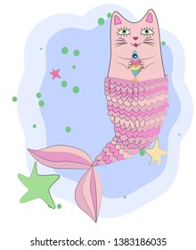 Cat unicorn with a mermaid's tail and with a rainbow fish in its paws, print design