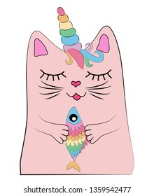 Cat unicorn with a rainbow fish in its paws, print, design