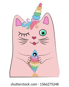 Cat unicorn with a rainbow fish in its paws, print, design