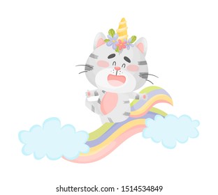 Cat unicorn rides on a rainbow. Vector illustration on a white background.