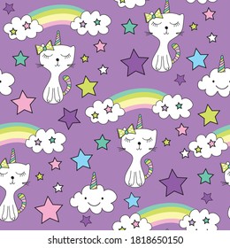 cat unicorn seamless pattern, can be used for textile,  background, book cover, packaging