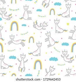 Cat unicorn seamless pattern. Trendy childish drawing style. vector illustration for fashion textile print.