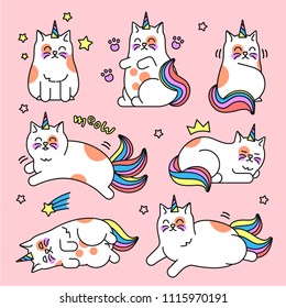 Cat unicorn set. Pretty caticorn, cute mystical animal, with rainbow tail and a single horn. Vector flat style cartoon magical cat illustration isolated on pink background