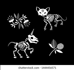 Cat and Unicorn skeletons and magical herbs. Set of elements for halloween and more. Illustrations isolated on black background.