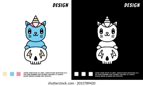 cat unicorn and skull doodle cartoon. illustration for t shirt, poster, logo, sticker, or apparel merchandise.