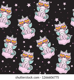 Cat unicorn, space background and pink stars on a black background seamless pattern