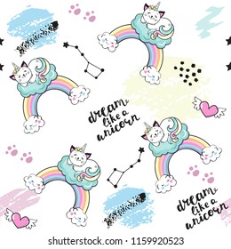 cat unicorn, splash, heart and stars seamless pattern