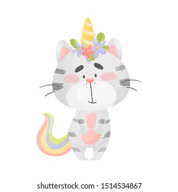 Cat unicorn is standing. Vector illustration on a white background.