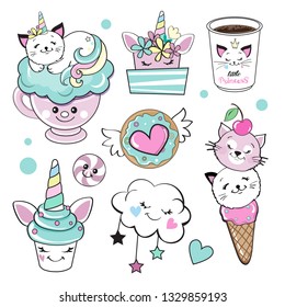 Cat unicorn and sweets on a white background