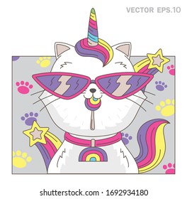 Cat unicorn wears sunglasses illustration vector.