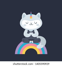 Cat unicorn. Yoga kitty on the rainbow. Healthy lifestyle. Trendy Flat cartoon character illustration. Ideal for design game, book, t-shirt, card, print, poster, decoration, textile, calendars, magnet