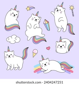 Katzeneinhörnchen, Zeichensatz, Illustrationen im Cartoon-Stil, Fantasy-süße Regenbogen-Illustrationen