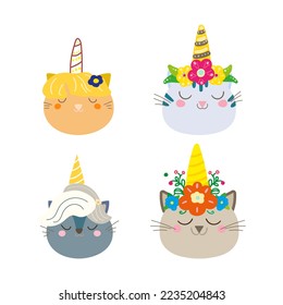 cat unicorns vector illustration set