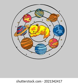 cat universe galaxy kitten planets sun wo long design vector illustration for use in design and print wall art poster canvas