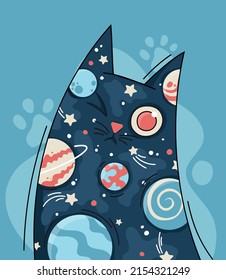 Cat with universe inside. Galaxy, planets and stars. Fantasy and imagination, pets and care for nature. Metaphor of pensive character and creative personality. Cartoon flat vector illustration