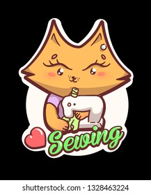 Cat use the sewing machine to make it's clothes.Vector illustration on black background.