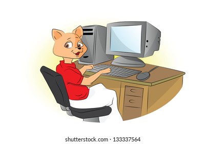 Cat Using a Computer, vector illustration