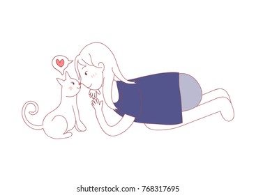Cat using nose kiss with Girl. I love you in Cat Language. Vector Illustration. isolated on white background.