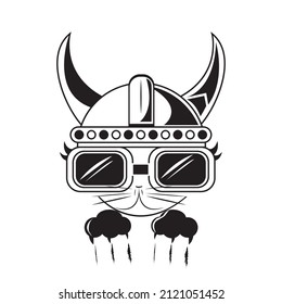 Cat Using Viking Hat And Glasses . Black And White Cat Character. Suitable To Print On T-shirt, Logo Or Symbol.