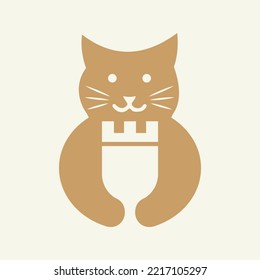 Cat v Logo Negative Space Concept Vector Template. Cat Holding Castle Symbol