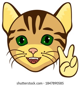 cat with a "V for victory" or "peace" gesture, funny cartoon character with simplistic facial expression, simple hand drawn emoticon, vector illustration