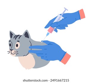 Cat vaccination. Nurse hand palms wearing rubber gloves vaccinating pet, doctor hands holding syringe with vaccine flat vector illustration. Hands with syringe vaccinating cat