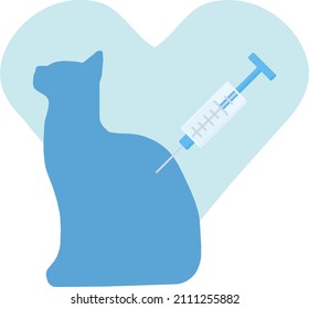 Cat With A Vaccination Syringe On The Background Of The Heart. For Stickers Of Vaccinations, The Logo Of A Veterinary Clinic, As A Design For The Main Page Of An Animal Document, Etc.