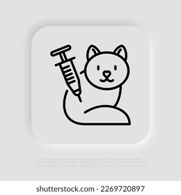 Icono de línea delgada de vacunación de gatos. Clínica veterinaria, inyección de tratamiento. Ilustración vectorial.