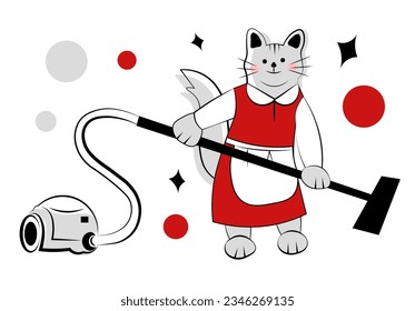 The cat is vacuuming. House cleaning. Vector illustration in doodle style.