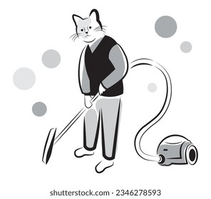 The cat is vacuuming the room. House cleaning. Vector illustration in doodle style