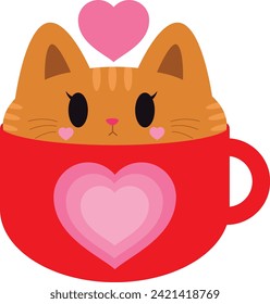 Cat Valentine's illustration,
Heart elements with a cat,
Feline love art,
Romantic cat and elements concept