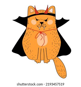 Cat In A Vampire Costume. The Cat Is Dracula. Halloween. Red Kitten. Autumn. Flat Illustration. Vector.