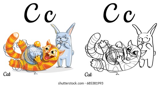 Cat. Vector alphabet letter C, coloring page