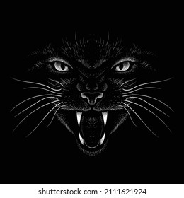 Cat vector art illustration T-shirt apparel tattoo design or outwear.  Cute print style kitten background. This hand drawing would be nice to make on the black fabric or canvas.