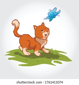 Cat Vector Cartoon Character. Cute plump kitten chasing a blue butterfly in the grass. 