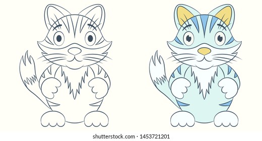 Cat vector cartoon illustration color and coloring on a colored background for children