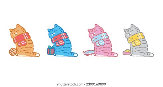 cat vector christmas scarf icon calico neko kitten pet bowl yarn ball gift box cartoon character symbol tattoo illustration clip art isolated design