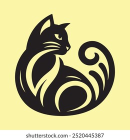 A cat vector design. A black cat logo on a yellow background. Fancy cat vector design. Cat isolated on a Yellow background.