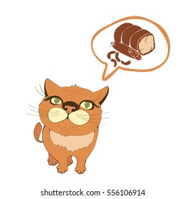 Cat vector dreaming of food. Red kitten with speech bubble. Pet illustration.