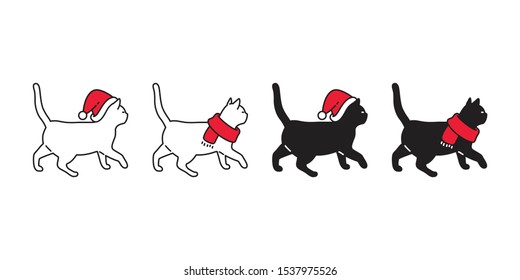 cat vector icon Christmas Santa Claus hat kitten walking logo symbol cartoon character illustration doodle design