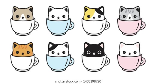 cat vector icon kitten coffee cup calico logo fish symbol cartoon character illustration doodle design